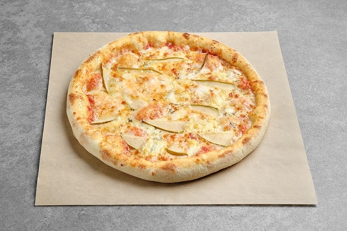 Pizza with blue cheese and slices of pear on parchment paper, by Aleksei Isachenko