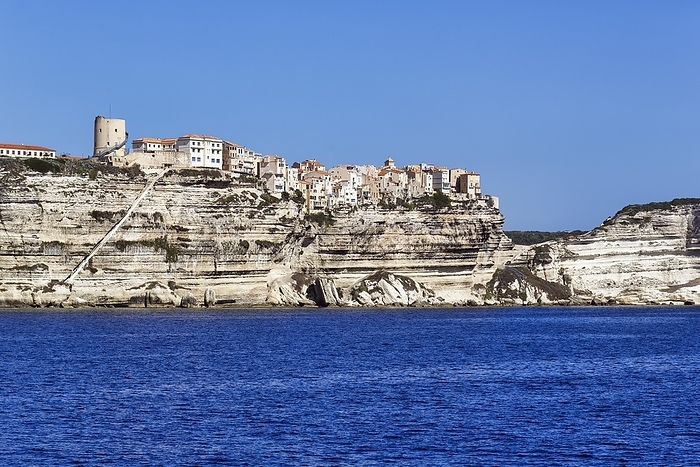 Upper town with the staircase of the King of Aragon on white chalk cliffs, southern tip of Corsica, Bonifacio, Corsica, France, Europe, by Angela to Roxel