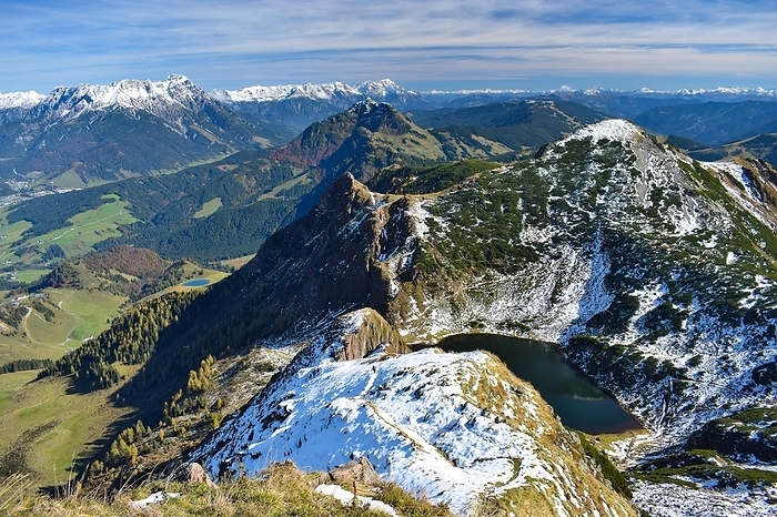 View from Wildseeloder in autumn to Wildsee, Spielberghorn, Leoganger Steinberge and Berchtesgaden Alps, Tyrol, Austria, Europe, by Christian Peters