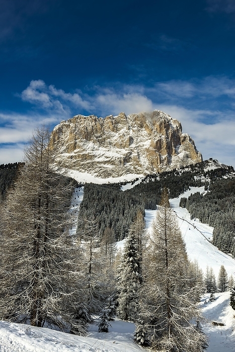 Snow-covered mountains, view of the Sassolungo group, winter, Sella Pass, Val Gardena, Dolomites, South Tyrol, Italy, Europe, by Daniel Schoenen