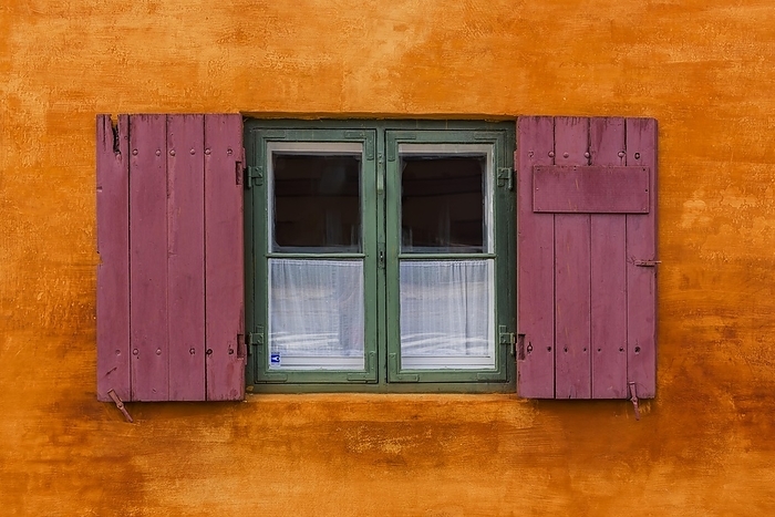 Wooden window with window flaps in front of orange facade, colourful, house, living, window, by Franzel Drepper