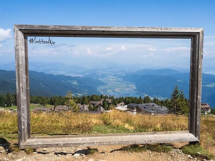 Wooden frame as photo motif, view from Gerlitzen Alpe towards Feuerberg and Ossiachersee, Gerlitzen Alpe, Carinthia, Austria, Europe, by Karl-Heinz Schein