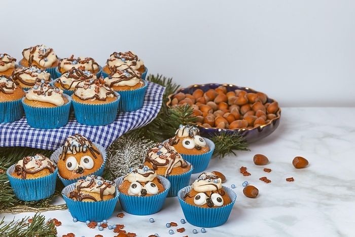 Cupcakes in blue ramekins with chocolate icing and sugar sprinkles, bowl with hazelnuts, Christmassy, copy room, by Lucas Seebacher