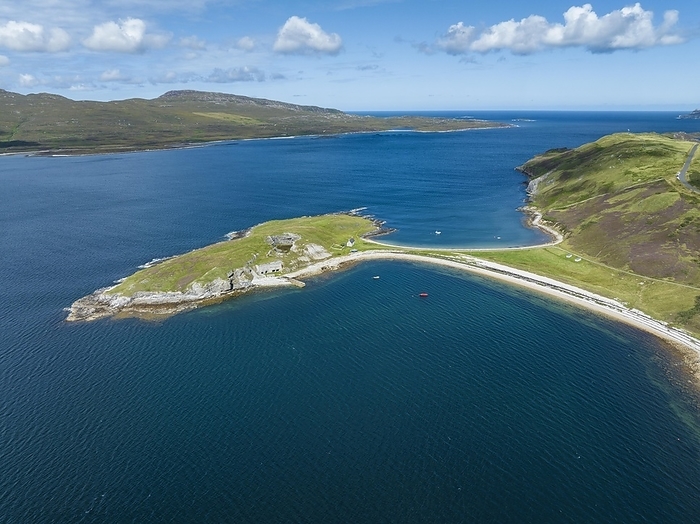 Aerial view of the Ard Neaki peninsula in the sea loch of Loch Eribol with the abandoned lime kilns and ferry house, County Sutherland, Northern Highlands, Scotland, United Kingdom, Europe, by Markus Keller