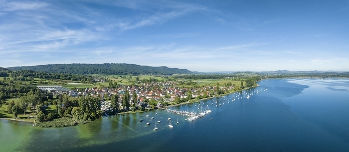 Aerial panorama of western Lake Constance with the Lake Constance municipality of Iznang on the Höri peninsula, on the horizon on the left the Schienerberg mountain range, on the far right the Hegauberge mountains, Constance district, Baden-Württemberg, Germany, Europe, by Markus Keller