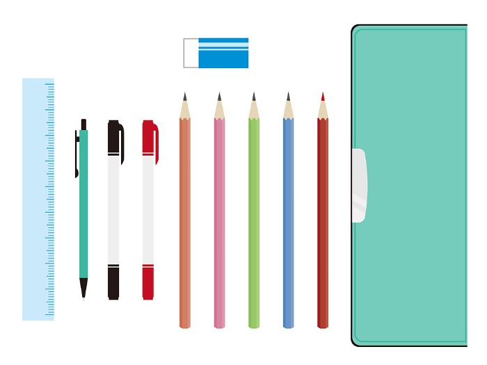 Pencil box, pencil, ruler, eraser and pen set