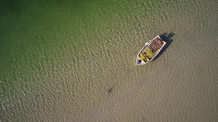 Drone shot, boat from above in lagoon, detail, green water, Gramvoussa peninsula, Balos lagoon, Balos, Pirate Bay, Tigani, Gramvoussa, Chania province, Crete, Greece, Europe, by Ralf Adler