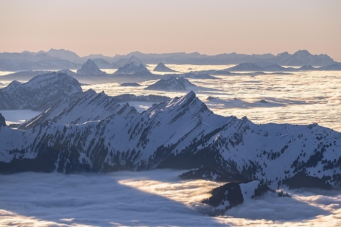 View from the Säntis to the mountains of Central Switzerland, mountain peaks rising from the sea of fog, Alpstein, Appenzell, Switzerland, Europe, by Robert Haasmann
