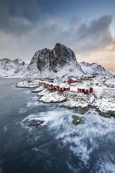 Rorbuer cabins of Hamnoy by the fjord, snowy mountains in the back, Hamnøy, Reine, Moskenesøya, Lofoten, Norway, Europe, by Robert Haasmann