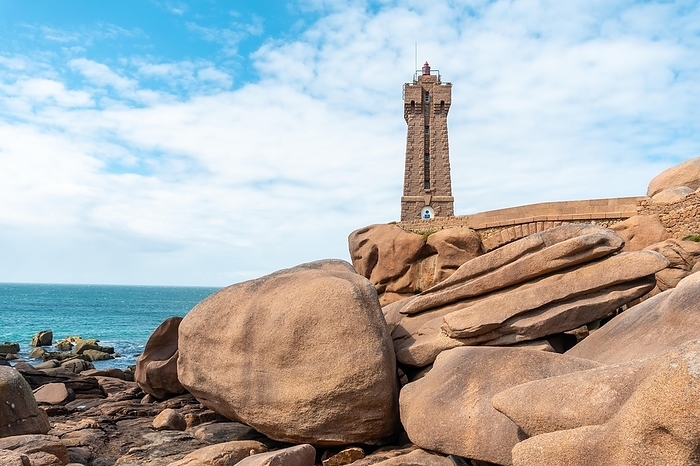 Lighthouse Mean Ruz is a building built in pink granite, port of Ploumanach, in the town of Perros-Guirec in the department of Cotes-d'Armor, in French Brittany, France, Europe, by Unai Huizi