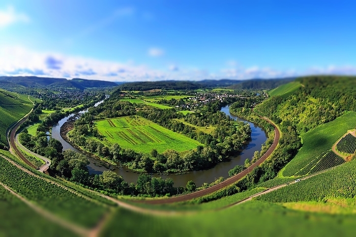 Wiltinger Saarbogen. The river winds through the valley and is surrounded by vineyards and green forests. Kanzem, Rhineland-Palatinate, Germany, Europe, by fotoping