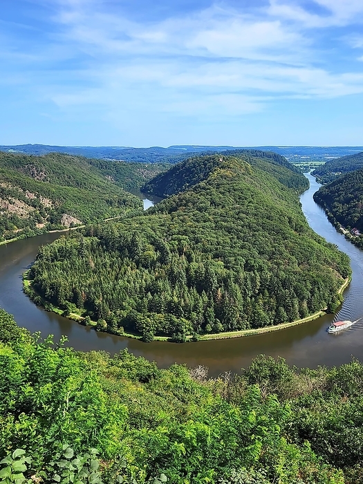 Aerial view of the Saar Loop. The Saar winds through the valley and is surrounded by green forests. Orscholz, Mettlach, Saarland, Germany, Europe, by fotoping