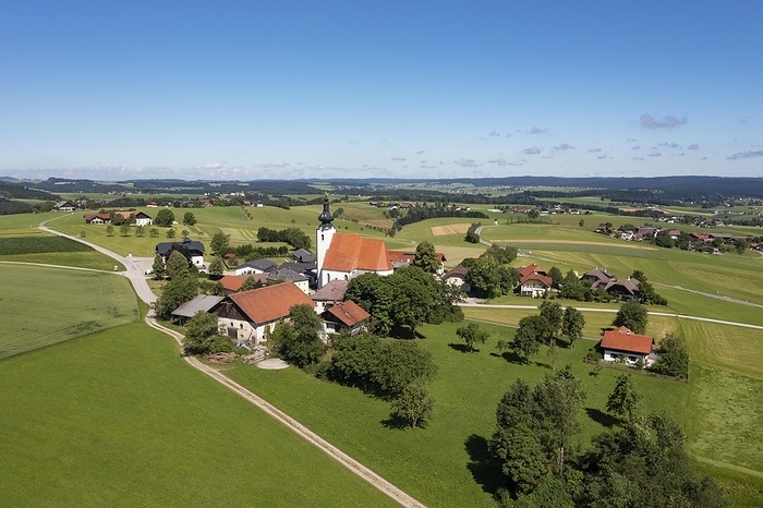 Drone image, agricultural landscape with the village of Weißenkirchen im Attergau, Hausruckviertel, Upper Austria, Austria, Europe, by Wolfgang Weinhäupl