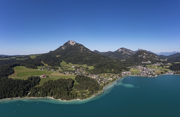 Drone shot, panorama shot, Fuschlsee, Fuschl am See, Alpine foothills, Salzkammergut, Land Salzburg, Austria, Europe, by Wolfgang Weinhäupl