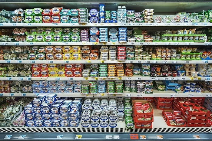 Cooling shelf with cream cheese, supermarket, Germany, Europe, by Manfred Bail