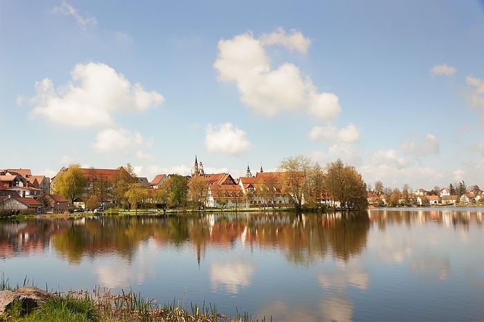 Town lake with active path, according to Pastor Kneipp, town belongs to the Swabian Baths and Upper Swabian Baroque Route, Bad forest lake, Baden-Württemberg, by Kurt Amthor