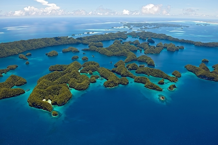 Bird's eye view of UNESCO Natural Heritage Rock Islands in southern lagoon of Palau, in the background Urukthapel Island Ngeruktabel of Urukthapel Islands in the Pacific West Pacific, Micronesia, Republic of Palau, Oceania, by Frank Schneider