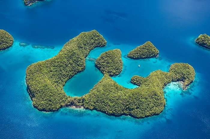 Bird's eye view of Ogyurottoru Island part of Urukthapel Islands of UNESCO Heritage Natural Rock Islands Islands in southern lagoon of Palau in the Pacific Ocean Western Pacific, Republic of Palau, by Frank Schneider