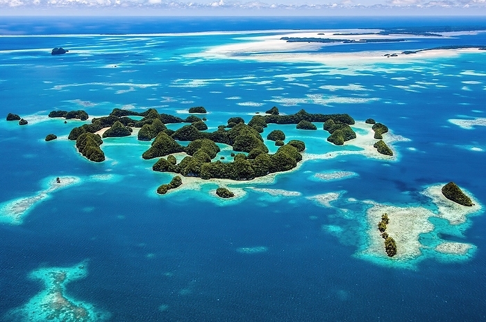 Bird's-eye view of Ngerukewid Ngerukeuid Islands 70 Seventy Islands in southern lagoon of Palau in the Pacific West Pacific, Micronesia, Republic of Palau, Oceania, by Frank Schneider
