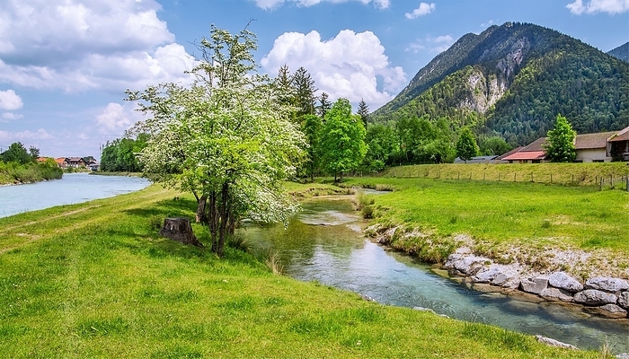 Spring Landscape with Mühlbach, Eschenlohe, Loisachtal, Bavarian Alps, The Blue Country, Upper Bavaria, Bavaria, Germany, Europe, by Günter Gräfenhain