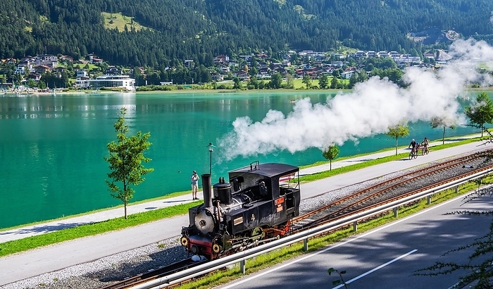 Steam locomotive of the historic steam rack railway, Achenseebahn on the lakeside, Maurach, Achensee, Tyrol, Austria, Europe, by Günter Gräfenhain
