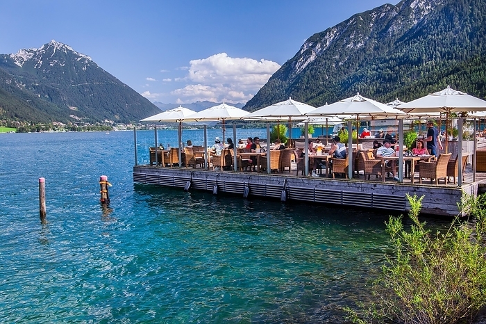 Restaurant terrace on the lake, Pertisau, Achensee, Tyrol, Austria, Europe, by Günter Gräfenhain