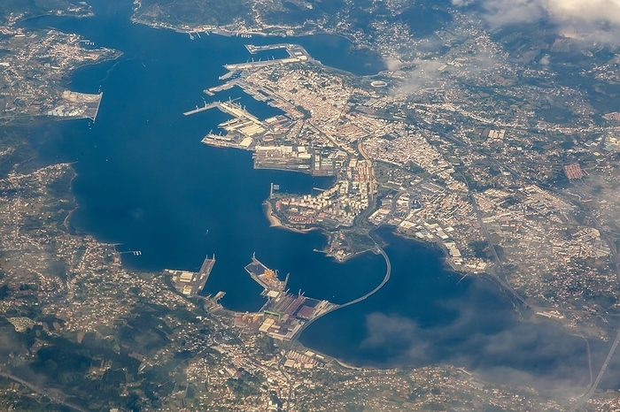View through plane window, oblique aerial view of port city of Ferrol, Galicia, Spain, Europe, by Ian Murray