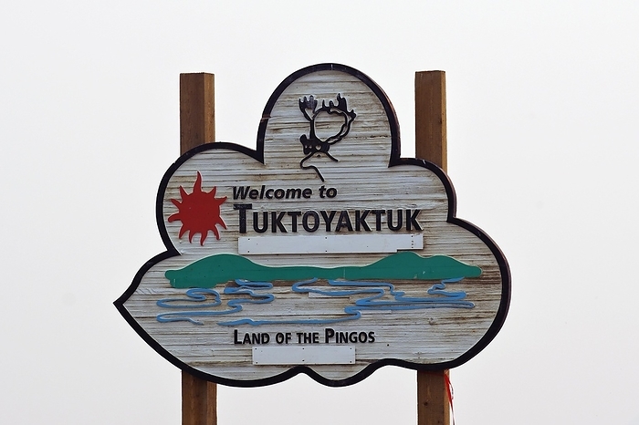 Tuktojaktuk town sign, smoke-filled sky, forest fires, Arctic Ocean, Tuktojaktuk, Arctic Ocean, Northwest Territories, Canada, North America, by Reinhard Pantke