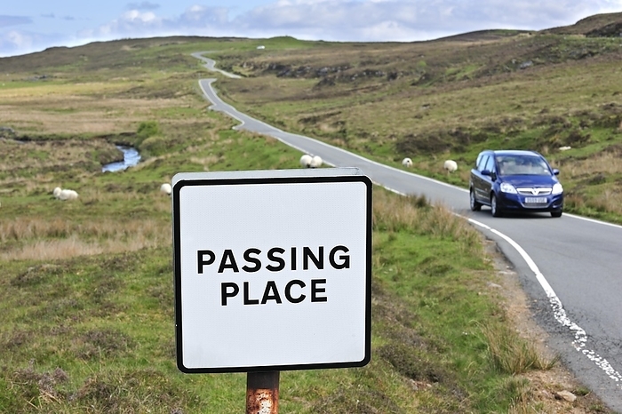 Traffic sign along single track road with passing places on the the Isle of Skye, Highlands, Scotland, UK, by alimdi / Arterra / Philippe Clément