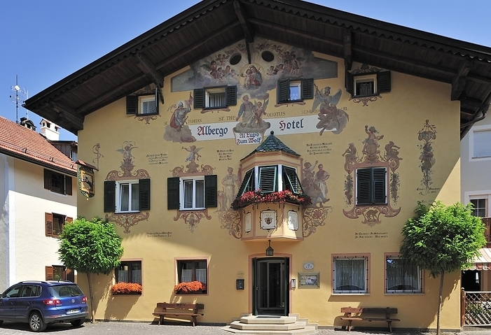 Hotel decorated with frescoes at Castelrotto, Kastelruth in the Dolomites, Italy, Europe, by alimdi / Arterra / Philippe Clément