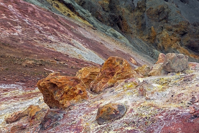 Iceland Volcanic, iron and sulphur coloured rhyolite rock formations at Brennisteinsalda volcano near Landmannalaugar, Fjallabak Nature Reserve, Iceland, Europe, by alimdi   Arterra   Sven Erik Arndt