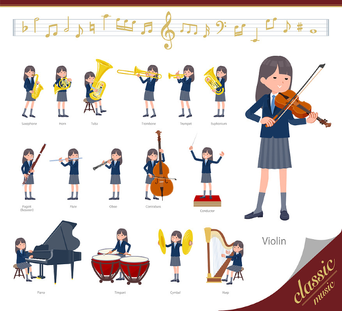 Set of navy blue blazer female students on classical music performance