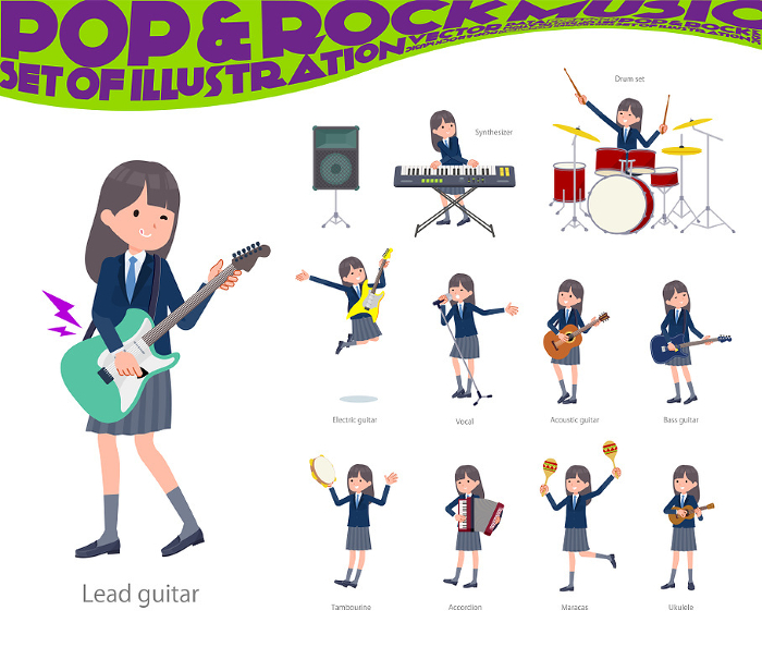 Set of navy blue blazer schoolgirls playing rock and roll and pop music