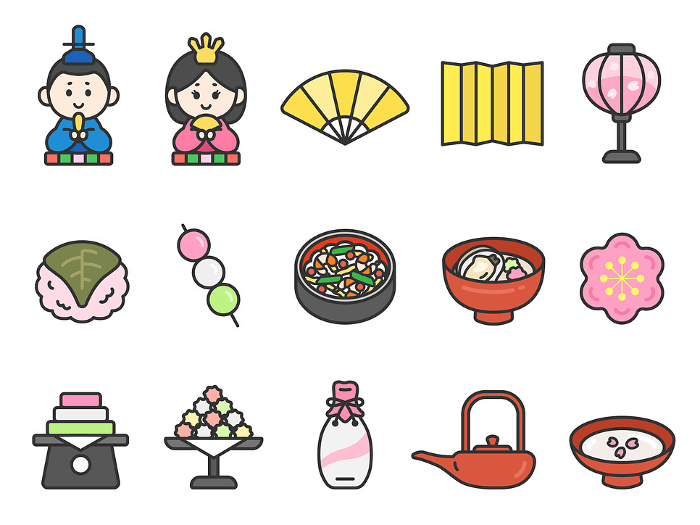 Illustration set of Hina Matsuri icon (line drawing color)