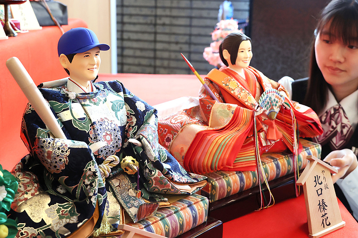 Shohei Ohtani and Haruka Kitaguchi hina dolls are displayed by doll maker Kyugetsu January 31, 2024, Tokyo, Japan    Japan s doll maker Kyugetsu displays a set of  hina dolls  of Los Angeles Dodgers two way players Shohei Ohtani  L  and javelin throw world champion Haruka Kitaguchi  R  at the company s showroom in Tokyo on Wednesday, January 31, 2024 ahead of the March 3 Girl s Day festival  Hina Matsuri . Ohtani moved to Dodgers from Angels in Major League Baseball  MLB  while Kitaguchi won the World Athletics Championships and medal hopeful for the Paris Olympic Games.    photo by Yoshio Tsunoda AFLO 