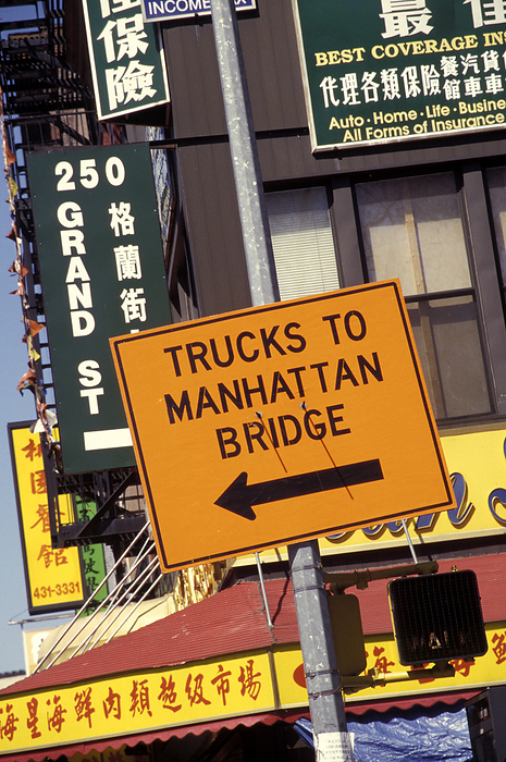 New York, U.S.A. Chinatown And Sign Pointing To Manhattan Bridge, New York City, New York, by Jenny Acheson   Design Pics