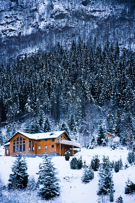 Norway Winter Alpine Scenery With Mountains, Snow And A Pine Forest With Brekke Rental Cabins  Ortnevik, Sognefjord, Norway, by Naki Kouyioumtzis   Design Pics