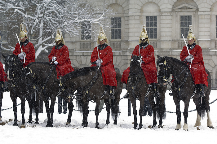 London, United Kingdom Soldiers Of The Life Guards At Horse Guard s Parade In A Snow Storm, London, Uk, by James Sparshatt   Design Pics