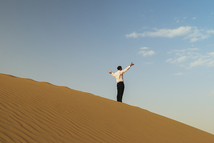 UAE Dubai Man In Smart Clothes Waving For Attention On Top Of Sand Dune  Dubai, United Arab Emirates, by Ian Cumming   Design Pics