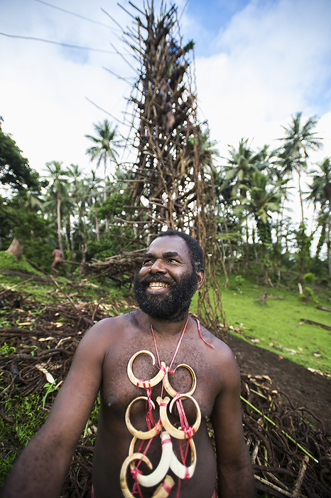 Vanuatu Pentecost Chief Stands Before A Land Diving Tower  Pentecost Island, Vanuatu, by David Kirkland   Design Pics