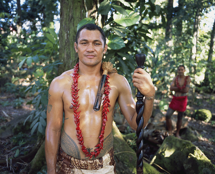 Samoan In Traditional Dress With Staff; Upolu Island, Samoa, by David Kirkland / Design Pics
