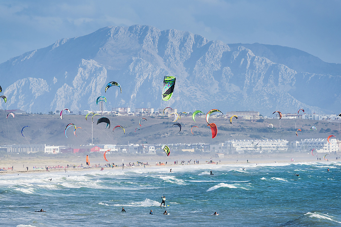 Cadiz, Morocco Kitesurfing With Tarifa And Morocco In The Background  Tarifa, Cadiz, Andalusia, Spain, by Ben Welsh   Design Pics