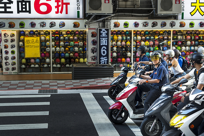 China The Motorbikes And Scooters In Taibei City Are Really A Big Number, Helmet Shop In View With Scooters Stopped On The Road  Taiwan, China, by Luis Martinez   Design Pics