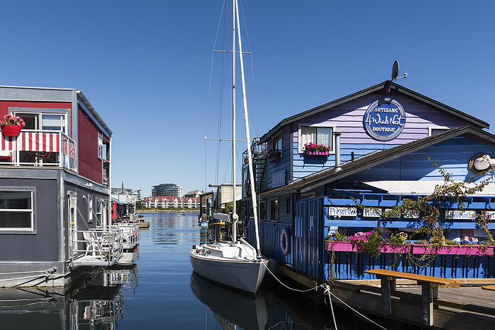 Shops and homes in Fisherman's Wharf in the Inner Harbour of Victoria, Vancouver Island; Victoria, British Columbia, Canada, by Keith Levit / Design Pics