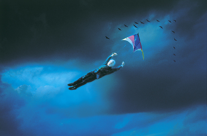 Fl2620, Curtis Lantinga; Child Rigged To Kite Flying With Birds, by Curtis Lantinga / Design Pics