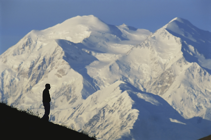 Denali National Park, Alaska Hiker silhouetted against snow covered Mount McKinley in Denali National Park and Preserve, Alaska, USA  Alaska, United States of America, by Joel Sartore Photography   Design Pics