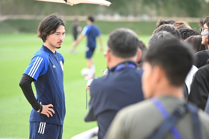 AFC Asian Cup Qatar 2023 Japan training session Japan s Takumi Minamino talks to media during a training session in Doha, Qatar, January 29, 2024.  Photo by JFA AFLO 