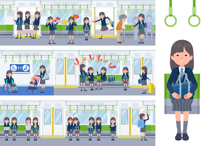 Set of schoolgirls in navy blue blazer riding on a train