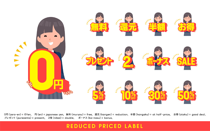 Set of navy blue blazer schoolgirls with bargain notation. Japanese. Vector art for easy editing.