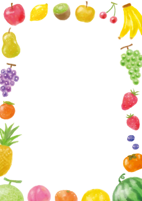 Watercolor style hand painted frame of various fruits - vertical - white background
